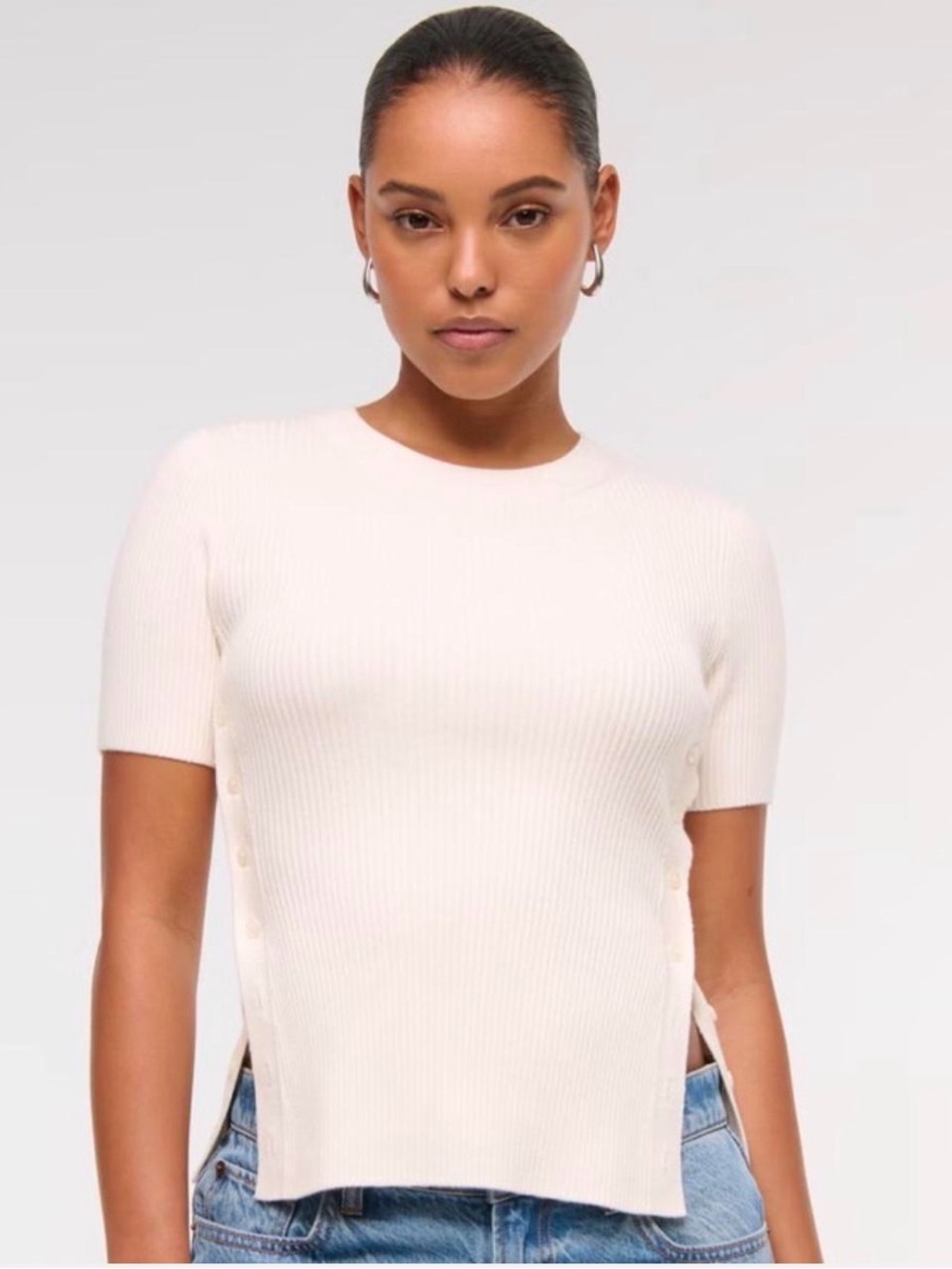 Abercrombie & Fitch Cream Ribbed Short Sleeve Top with Side Buttons